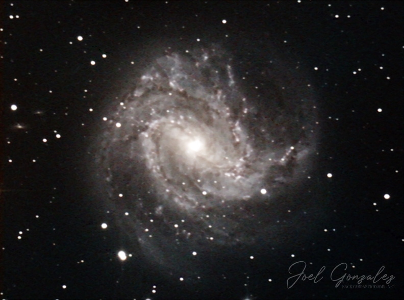 M83 is a barred spiral galaxy approximately 15Mly away in the constellation Hydra. It is one of the closest and brightest barred spiral galaxies in the sky, making it visible with binoculars. 8x300sec fits exposures captured and combined in Nebulosity v2.4.0 software. Finishing touches done in PhotoShop. Telescope: Orion 8 1000mm f4.9 Newtonian reflector. Mount: Orion Atlas EQ-G Guide Scope: Meade 800mm f10 reduced to f5 with Atik x.5 focal length reducer (ADM rings). Imaging Camera: Mead DSI Color 16bit camera with Peltier cooler modification. Guide Camera: Meade DSI Pro monochrome 16bit camera. Imaging camera in prime focus. Filtration used: Baader UV/IR Cut filter · Date/Time 2011:05:02 22:52:09 · Resolution 792 x 588 M8304302011.jpg