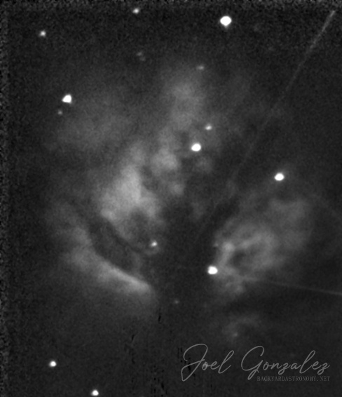 The Flame Nebula, NGC2024. 40x15sec fits exposures captured and combined in Meade's Autostar Envisage V5.85 software. Finishing touches done in PhotoShop. This is the result of my first night out with my new 16bit Meade DSI Pro camera. The DSI Pro was connected to the computer via USB1.1. Telescope: Meade DS-2114ATS-TC on Orion EQ1 motorized mount. Camera: Mead DSI Pro monochrome 16bit camera. Camera in prime focus with an Atik x.5 focal length reducer. Filtration used: Baader UV/IR Cut filter · Date/Time 2007:04:08 15:48:27 · Resolution 488 x 566 NGC2024_DSIPro_040707.jpg