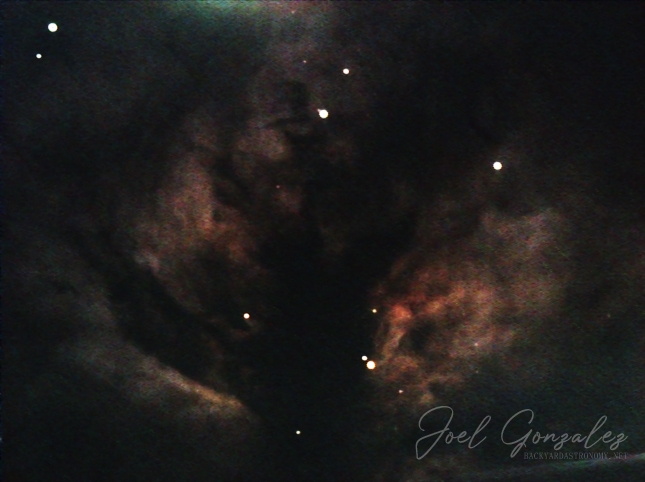 NGC2024, the Flame Nebula in Orion. 10x120sec fits exposures captured and combined in Nebulosity v2.3.0 software. Finishing touches done in PhotoShop. Telescope: Orion 8 1000mm f4.9 Newtonian reflector. Mount: Orion Atlas EQ-G Guide Scope: Meade 800mm f10 reduced to f5 with Atik x.5 focal length reducer. Imaging Camera: Mead DSI Color 16bit camera. Guide Camera: Meade DSI Pro monochrome 16bit camera. Imaging camera in prime focus. Filtration used: Baader UV/IR Cut filter · Date/Time 2011:03:17 18:11:19 · Resolution 645 x 482 Flame_03172011.jpg