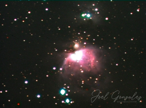 The Great Orion Nebula, M42 & M43. 20x20sec L and 10x20sec RGB fits exposures captured and combined in Meade's Autostar Envisage V5.85 software. Color combine done in PhotoShop. First attempt at using the RGB filter set for the Meade DSI Pro. Telescope: - Camera: Meade DSI Pro monochrome 16bit camera with Peltier cooler mod. 135mm SLR lens stopped down to 4 for wide field of view. Filtration used: Baader UV/IR Cut filter & Meade RGB filters. · Date/Time 2008:02:17 11:30:53 · Resolution 610 x 449 Orion_021608_20sec_LRGB.jpg