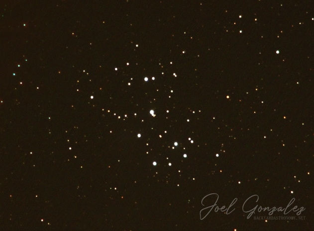 The Pleiades M45. 20x30sec avi, aligned and stacked in K3CCDTools. Dynamic background extraction done in PixInsight LE 1.0, and finishing touches done in Photoshop. Telescope: - Camera: Logitech QC Pro 3000 with long exposure modification, and raw mode modification. 55mm 1:1.8 camera lens attached for wide field of view. Atop Orion EQ1 motorized mount. Filtration: Baader Planetarium UV/IR cut filter. · Date/Time 2007:03:20 19:55:40 · Resolution 631 x 465 Pleiades_Raw_091907.jpg