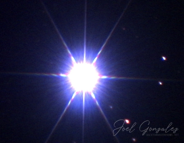 Sirius in Canis Major. 20x05sec avi file captured, aligned and stacked in K3CCDTools. Finishing touches done in PhotoShop. Telescope: Meade DS-2114ATS-TC Camera: Logitech QC Pro 3000 with long exposure modification Webcam in prime focus with an Atik x.5 focal length reducer. No filtration. · Date/Time 2007:01:29 09:43:23 · Resolution 594 x 461 Sirius-012807.jpg