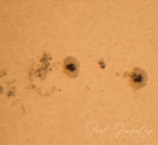 Sunspot 960 taken on 06/04/2007. Very active sunspot which produced a number of M-Class flares. Registax4 was used to align, stack, adjust wavelets, and do histogram stretching. Telescope: - Meade DS-2114ATS-TC on Orion EQ1 motorized mount. Camera: Logitech QC Pro 3000 at prime foucs with x2 Barlow lens. Filtration used: Baader UV/IR Cut filter, and AstroZap Solar filter (Baader AstroSolar Material). Sun_140-images_Barlow01_060407.jpg