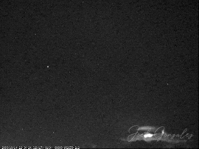 First night using the low light camera. This is an image of a thunderstorm cloud top about 70 miles to the east of my location. Towards the right of the cloud can be seen a small jet like protrusion. This is most likely a blue starter, which is a failed blue jet. It's also possible that this is a blue jet but since it's so far away most of the blue light has been filtered out by the atmosphere. In either case these jets are very rare! Telescope: - Camera: Watec 902H with 16mm 1:1.4 lens. Filtration used: None M20091014_223422.jpg