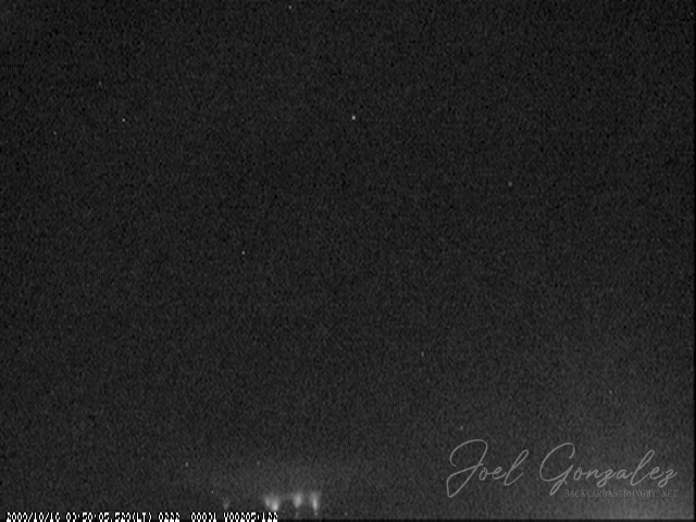 Small sprite with halo. This storm was about 250 miles to the northeast over the Atlantic. This sprite generated an early-fast ionospheric disturbance which I picked up with my SID receiver. Telescope: - Camera: Watec 902H with 16mm 1:1.4 lens. Filtration used: None M20091016_035005_A.jpg