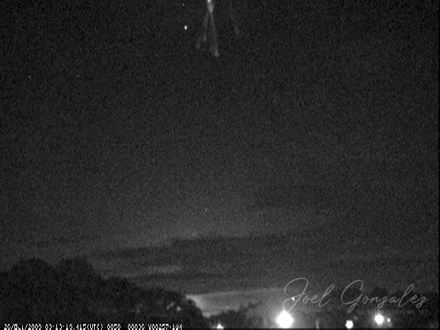 The storm that caused this sprite was only about 90 miles away and this is why the sprite is cut-off. The lightning which triggered this sprite is clearly visible on the horizon. As a matter of fact this sprite was slightly delayed from the main lightning flash. The previous frame was overexposed due to the main stroke flash. Telescope: - Camera: Watec 902H with 12mm 1:1.2 lens. Filtration used: None M20091026_031319.jpg