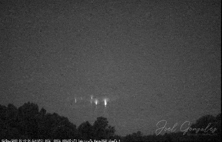 Another sprite captured on Dec 02, 09 from the same mesoscale convective system over the Gulf of Mexico. This is looking West/North-West and the storm was 360+ miles away. Telescope: - Camera: Watec 902H with 16mm 1:1.4 lens. Filtration used: None · Date/Time 2009:12:03 20:58:38 · Resolution 768 x 494 M20091202_064904_Sebring_FL.jpg