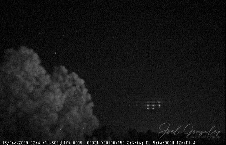 Set of C-sprites captured on Dec 14, 09 over a large mesoscale convective system in the direction of Georgia. This is looking North and the storm was 300+ miles away. Telescope: - Camera: Watec 902H with 12mm 1:1.4 lens. Filtration used: None · M20091215_024111_Sebring_FL.jpg