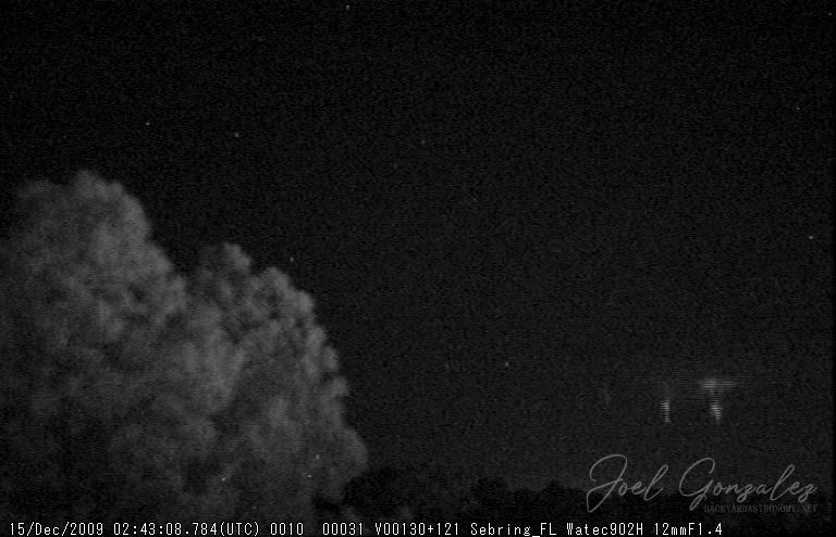 Set of sprites captured on Dec 14, 09 over a large mesoscale convective system in the direction of Georgia. This is looking North and the storm was 300+ miles away. Telescope: - Camera: Watec 902H with 12mm 1:1.4 lens. Filtration used: None · M20091215_024308_Sebring_FL.jpg