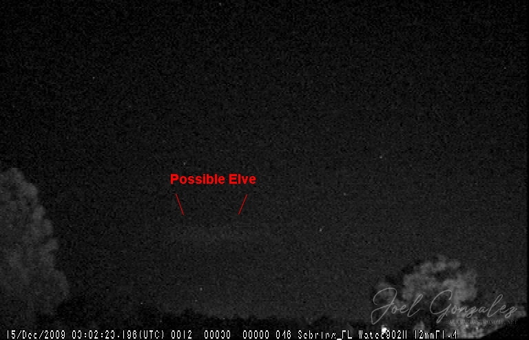 Possible elve preceding a sprite captured on Dec 14, 09 over a large mesoscale convective system in the direction of Georgia. This is looking North and the storm was 300+ miles away. Telescope: - Camera: Watec 902H with 12mm 1:1.4 lens. Filtration used: None · Date/Time 2009:12:16 11:14:45 · Resolution 768 x 494 M20091215_030223_Sebring_FL_A.jpg