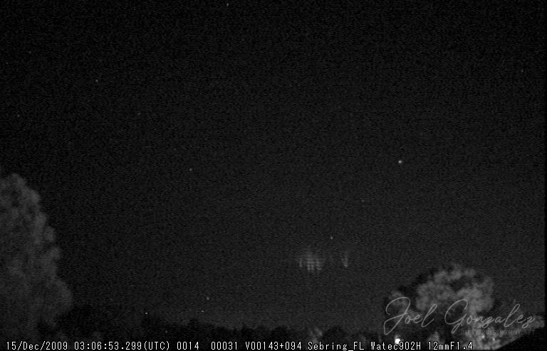 Set of C-sprites captured on Dec 14, 09 over a large mesoscale convective system in the direction of Georgia. This is looking North and the storm was 300+ miles away. Telescope: - Camera: Watec 902H with 12mm 1:1.4 lens. Filtration used: None · M20091215_030653_Sebring_FL.jpg