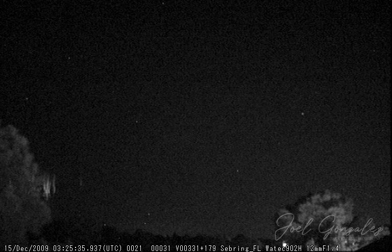 Set of C-sprites captured on Dec 14, 09 over a large mesoscale convective system in the direction of Georgia. This is looking North and the storm was 300+ miles away. Telescope: - Camera: Watec 902H with 12mm 1:1.4 lens. Filtration used: None · M20091215_032535_Sebring_FL.jpg